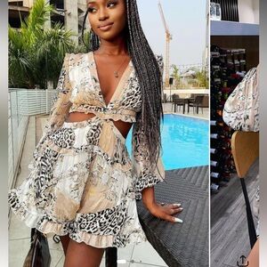 Printed Cutout Maxi Dress in Beige and Black